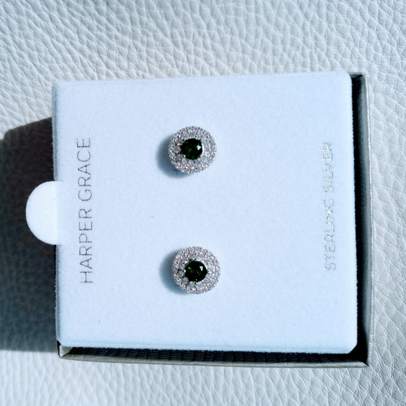 Sterling silver lab created Emerald CZ earrings - Picture 6 of 12